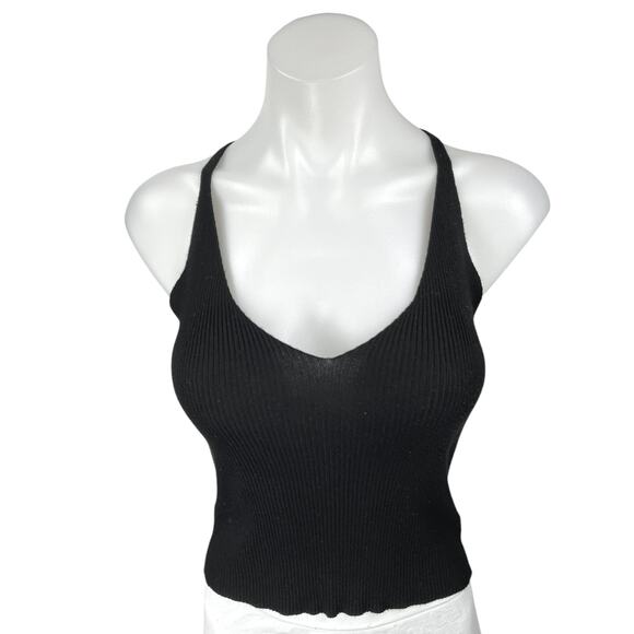 Lulus Black Rib Knit Sleeveless Racerback Cami Camisole Crop Tank Top Size S - Picture 1 of 4